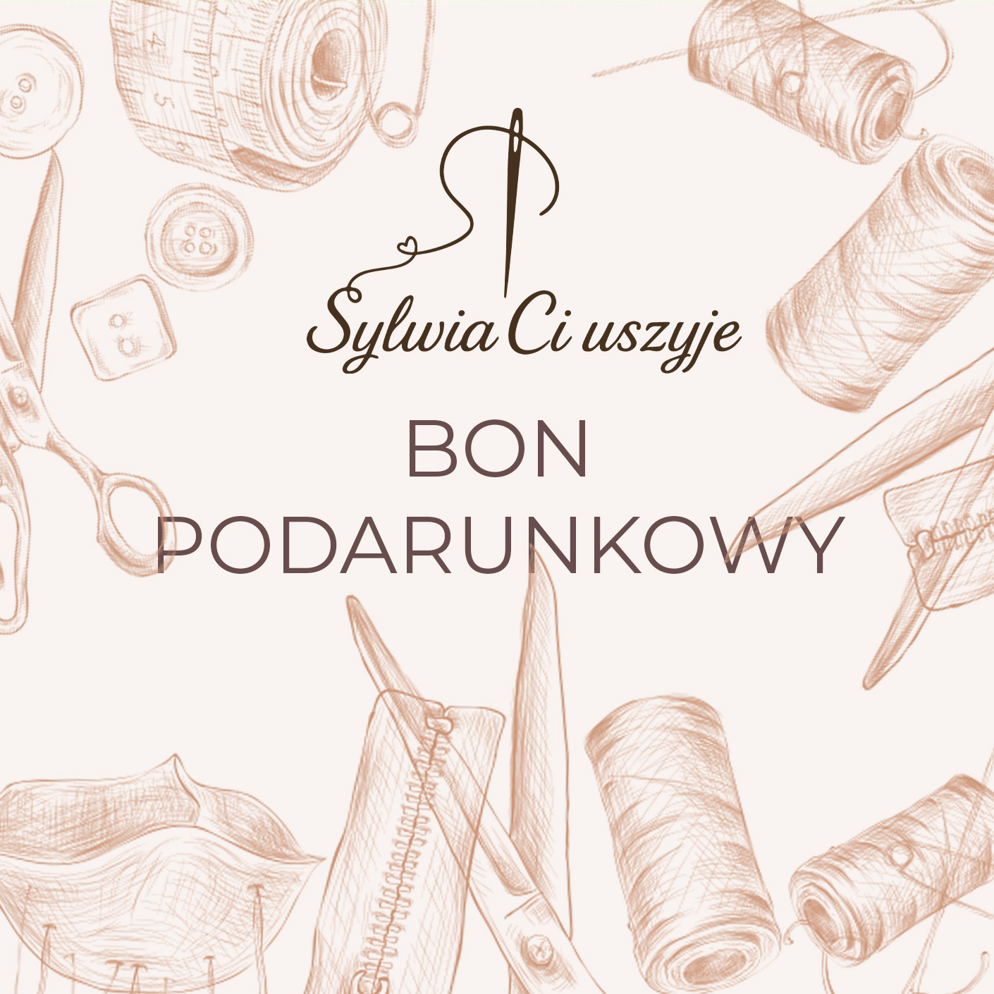 Grafika z akcesoriami krawieckimi i napisem „Sylwia Ci uszyje BON PODARUNKOWY”